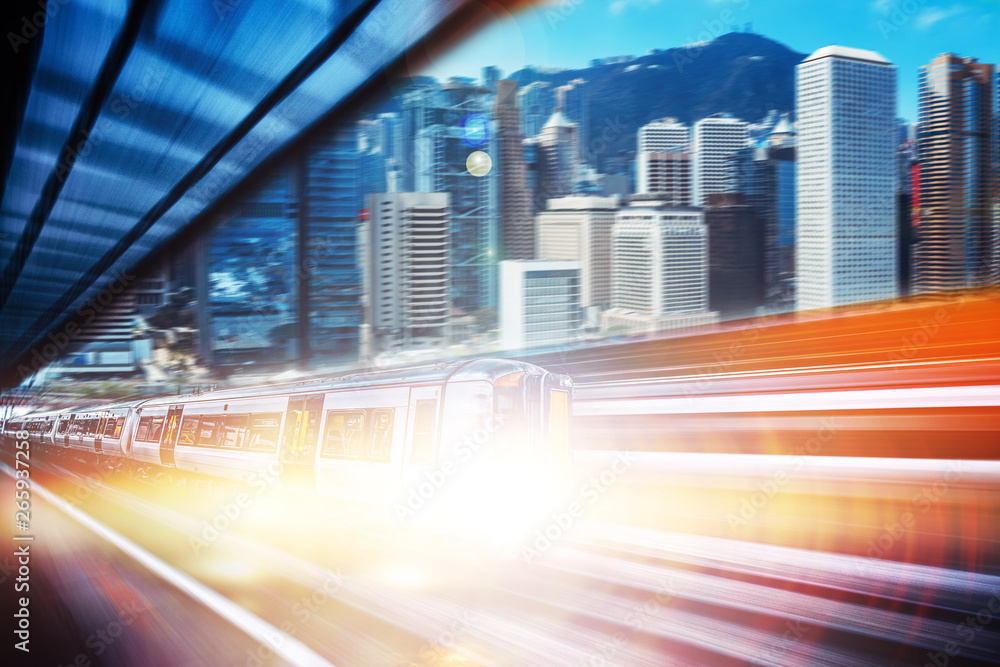 Fototapeta Motion blur of high speed train moving in Hong Kong
