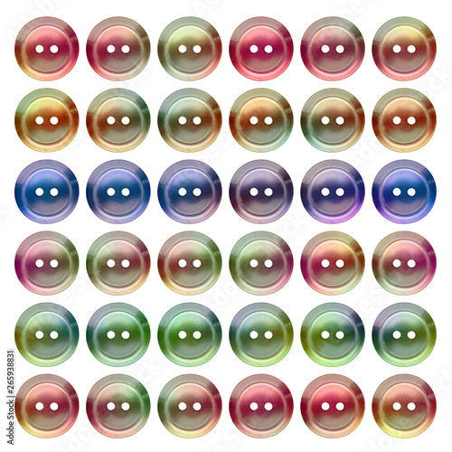 Many colorful vintage sewing buttons on a white background