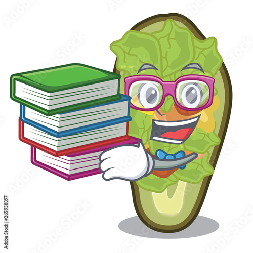 Student with book stuffed avocado in the mascot shape