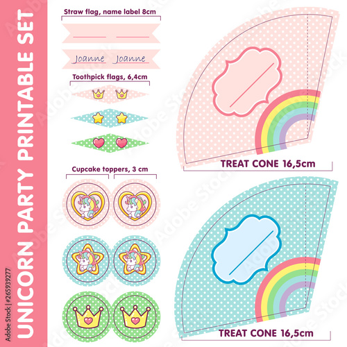 Unicorn printable birthday themed set, with toothpick and straw flags with name labels