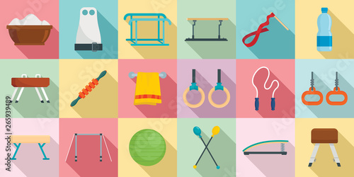 Gymnastics equipment icons set. Flat set of gymnastics equipment vector icons for web design