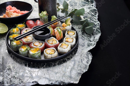 Sushi. Fresh, appetizing set of sushi. Traditional Japanese cuisine