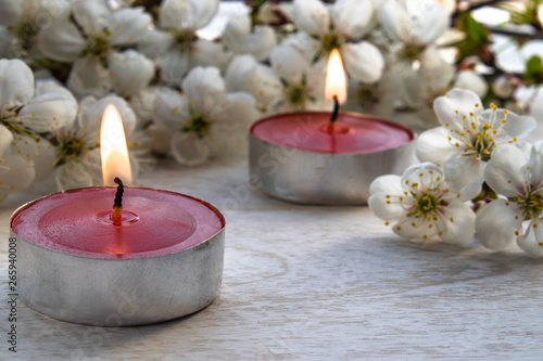 A candle stands on a wooden white table near the branches of white flowers of cherry.