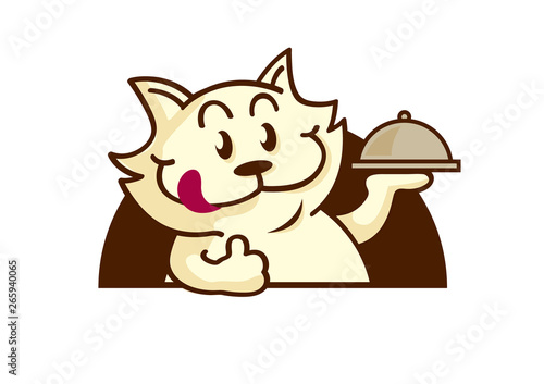 Cute cat serving food for pet cafe logo - vector mascot 