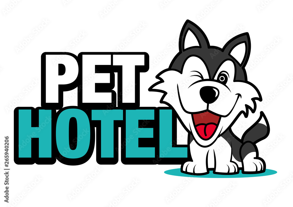 Cute husky dog with a big signboard, pet hotel vector illustration logo Cute husky dog with a big signboard, pet hotel vector illustration logo
