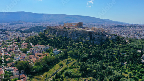 Aerial drone bird's eye view photo of iconic Acropolis hill, the Parthenon, Athens historic center, Attica, Greece