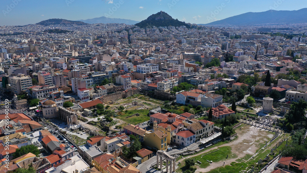 Aerial photo of iconic Ancient Roman Forum a true masterpiece in the heart of ancient Athens - Plaka picturesque district, Attica, Greece