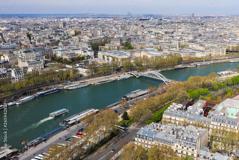 Aerial view of Paris city and Seine river from Eiffel Tower. France. April 2019