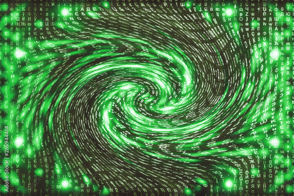 Green matrix digital background. Distorted cyberspace concept. Characters fall down in wormhole. Hacked matrix. Virtual reality design. Complex algorithm data hacking. Green digital sparks.