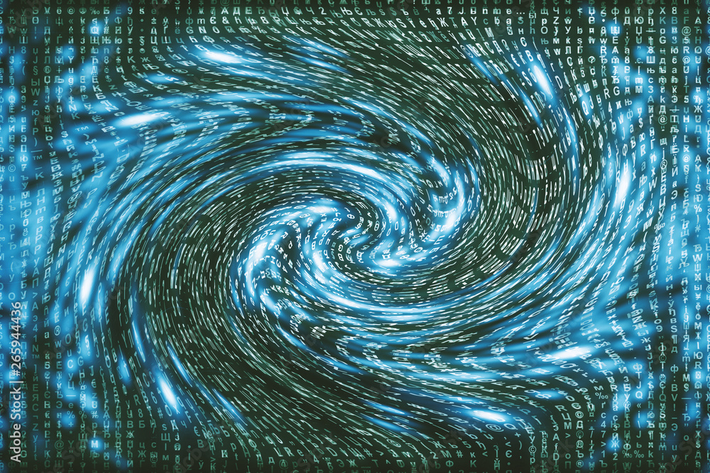 Blue matrix digital background. Distorted cyberspace concept. Characters fall down in wormhole. Hacked matrix. Virtual reality design. Complex algorithm data hacking. Cyan digital sparks. Blue matrix digital background. Distorted cyberspace concept. Characters fall down in wormhole. Hacked matrix. Virtual reality design. Complex algorithm data hacking. Cyan digital sparks.