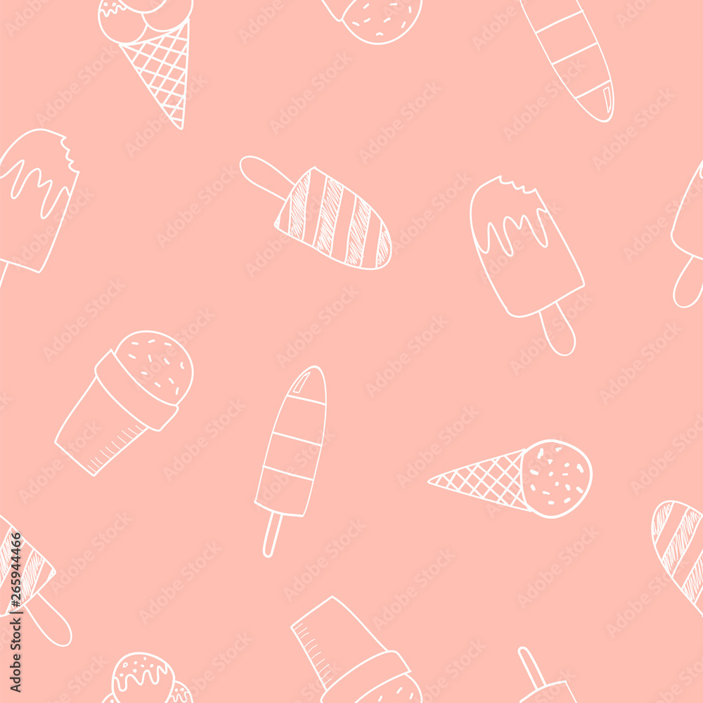 Pink vector ice cream seamless pattern. Hand drawn pattern on the pink background Pink vector ice cream seamless pattern. Hand drawn pattern on the pink background