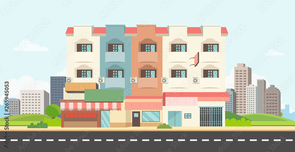 Flat house on main street with park and city background.Apartment with town landscape vector design. Townhome with public park and sky background.
