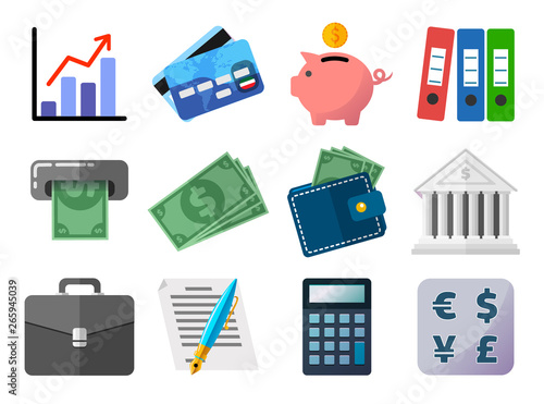 Set of flat icons, business, finances, money and payment concept, analysis and stats, credit plastic card, piggy bank, calculator, loan agreement or contract, currency vector