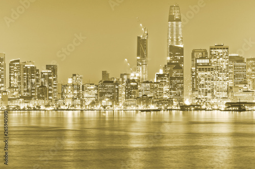 View of San Francisco Bay with the city skyline in San Francisco at night.