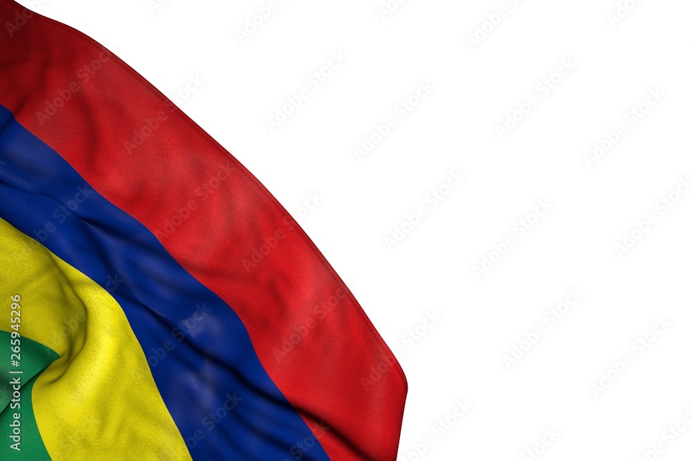 wonderful holiday flag 3d illustration. - Mauritius flag with large folds lay in bottom left corner isolated on white wonderful holiday flag 3d illustration. - Mauritius flag with large folds lay in bottom left corner isolated on white