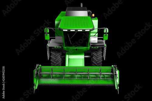 industrial 3D illustration of huge cg green rye agricultural combine harvester top view isolated on black
