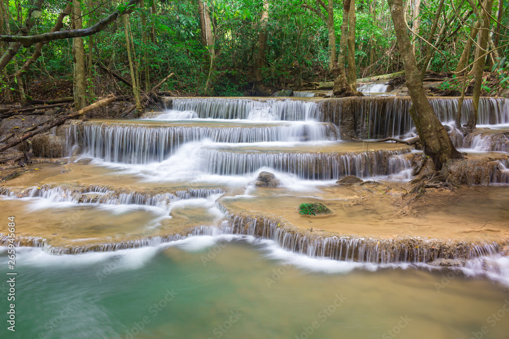 Amazing waterfall in tropical forest of national park, Huay Mae Khamin waterfall, Kanchanaburi Province, Thailand