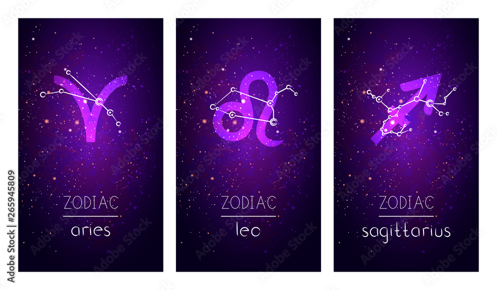 Set of three cards with Signs of the Zodiac, astrological ...