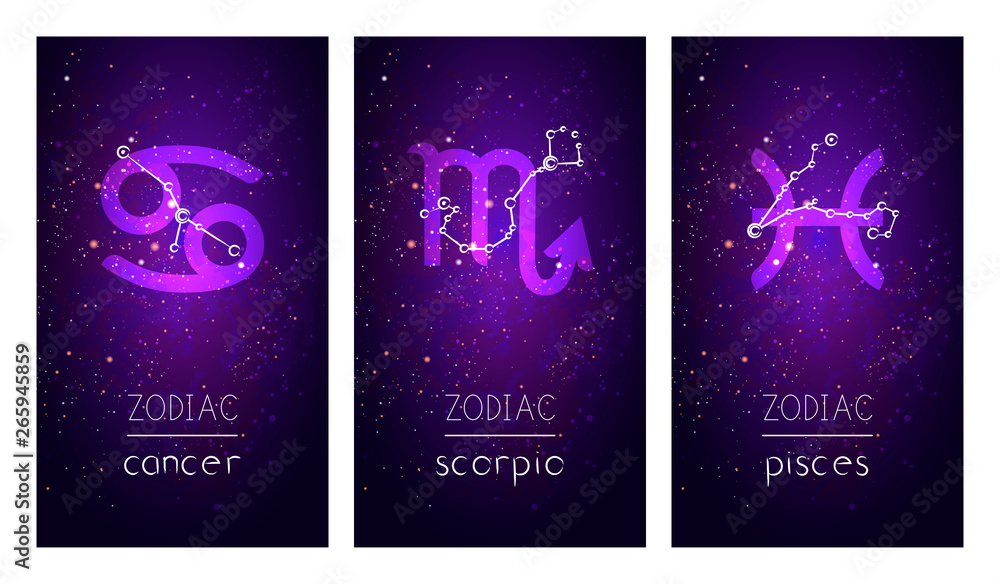 Set of three cards with Signs of the Zodiac, astrological ...