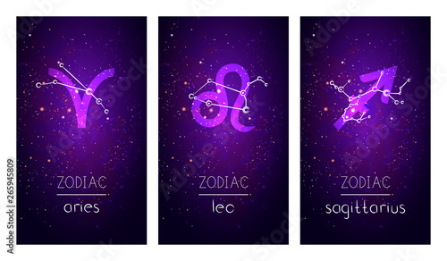 Set of three cards with Signs of the Zodiac, astrological constellations and hand drawn lettering against the starry sky.