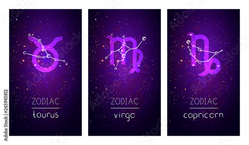 Set of three cards with Signs of the Zodiac, astrological constellations and hand drawn lettering against the starry sky.