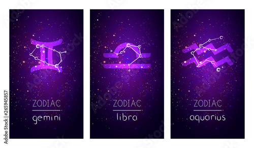Set of three cards with Signs of the Zodiac, astrological constellations and hand drawn lettering against the starry sky.