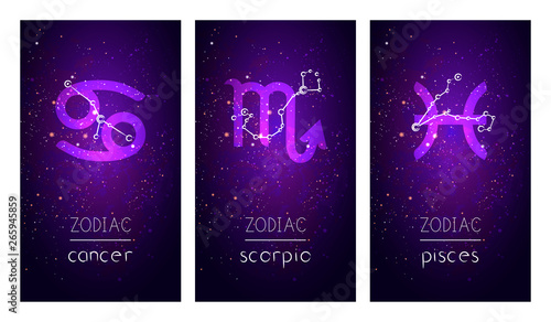 Set of three cards with Signs of the Zodiac, astrological constellations and hand drawn lettering against the starry sky.