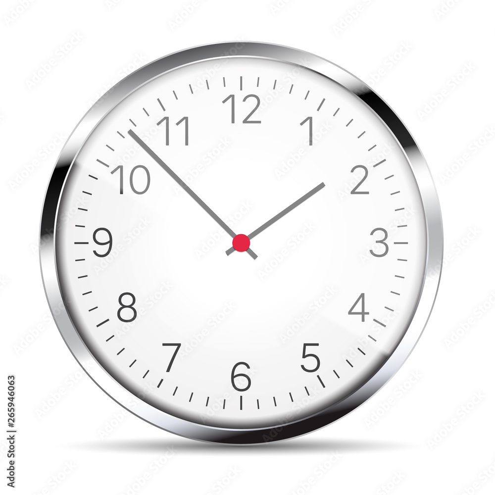 Realistic illustration of a wall clock with metal trim with reflections, hands and numbers. Isolated on white, vector Realistic illustration of a wall clock with metal trim with reflections, hands and numbers. Isolated on white, vector