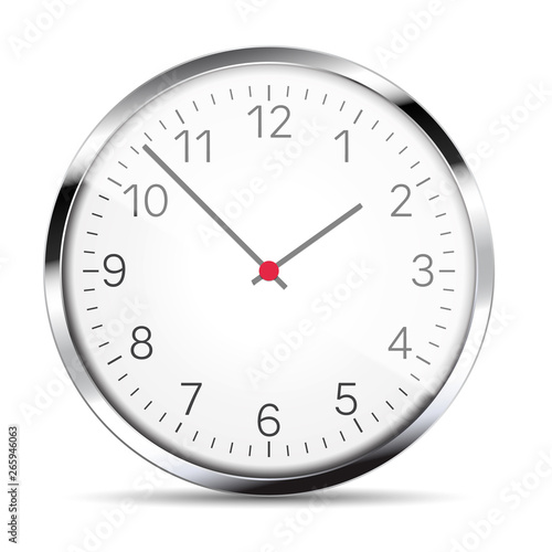 Realistic illustration of a wall clock with metal trim with reflections, hands and numbers. Isolated on white, vector