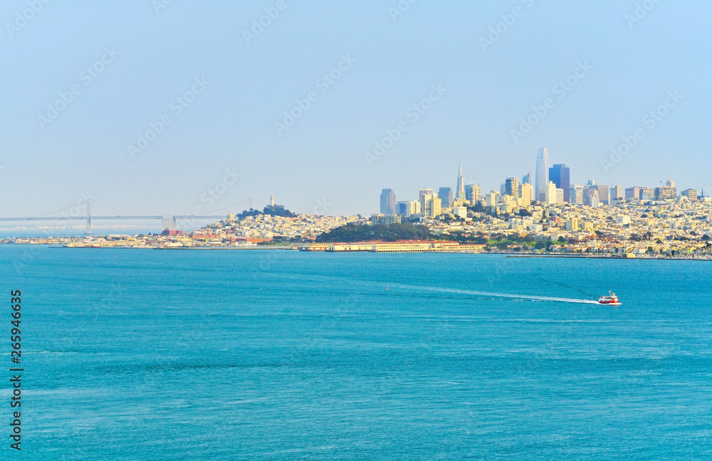View of San Francisco Bay with the city skyline in San Francisco on a sunny day.