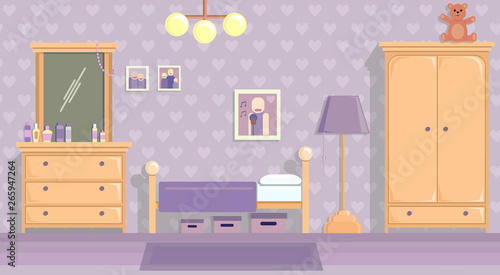 the teenage girls room in lilac . Vector image in flat design style.
