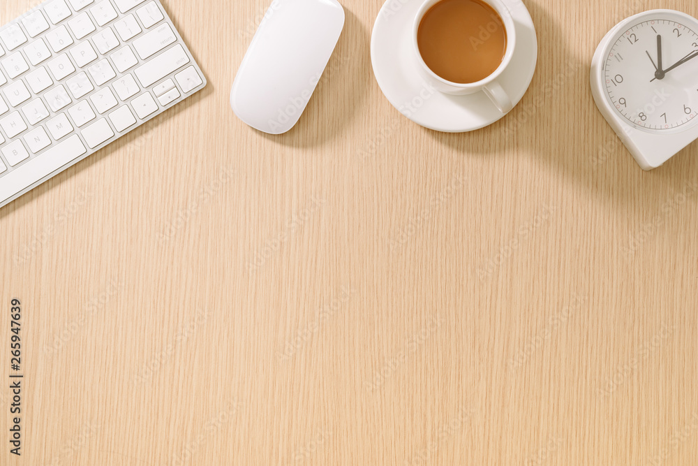 Modern white office desk with keyboard, mouse, oclock and cup of coffee.Top view with copy paste. Business and strategy concept mockup. Modern white office desk with keyboard, mouse, oclock and cup of coffee.Top view with copy paste. Business and strategy concept mockup.
