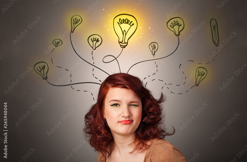 Pretty girl with draw bulbs above her head with different solutions concept
Pretty girl with draw bulbs above her head with different solutions concept
