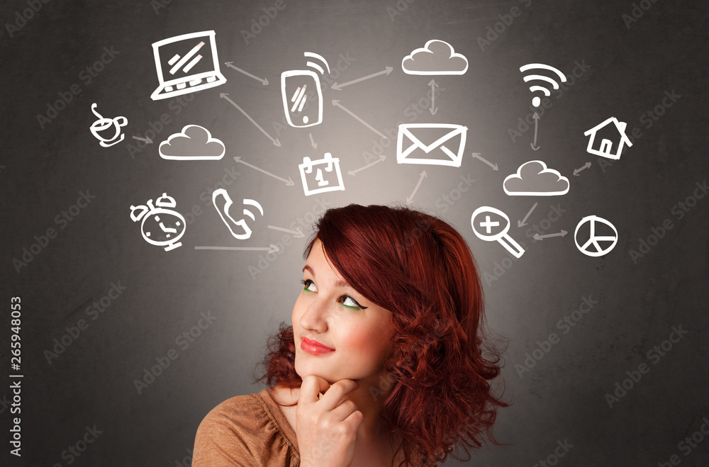 Pretty girl with drawn media icons above her head
Pretty girl with drawn media icons above her head