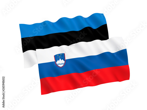 National fabric flags of Estonia and Slovenia isolated on white background. 3d rendering illustration. 1 to 2 proportion.