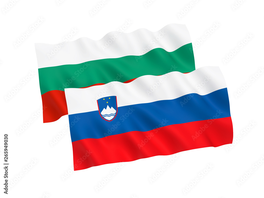 National fabric flags of Bulgaria and Slovenia isolated on white background. 3d rendering illustration. 1 to 2 proportion. National fabric flags of Bulgaria and Slovenia isolated on white background. 3d rendering illustration. 1 to 2 proportion.