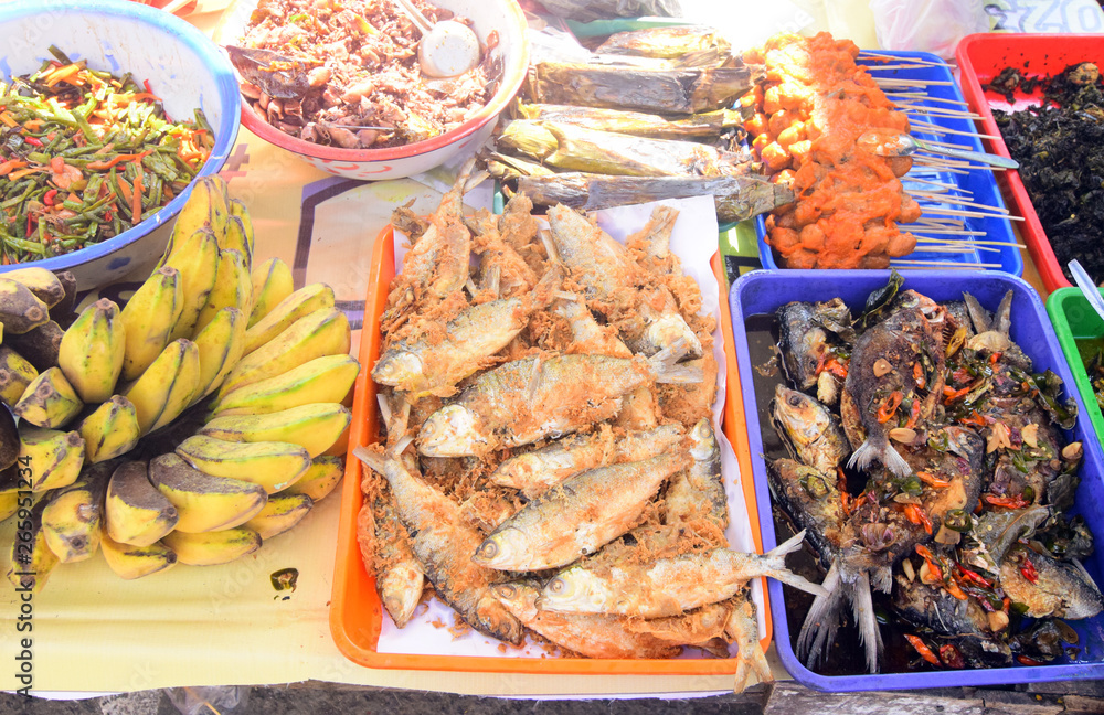  various traditional foods in Indonesia in large quantities in market