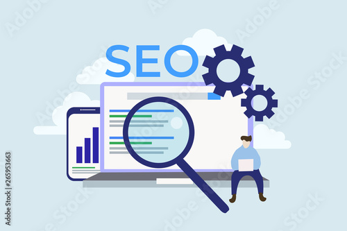 Modern Flat design people and SEO optimized pages business concept, with tiny people character for web landing page template, banner, flyer and presentation.