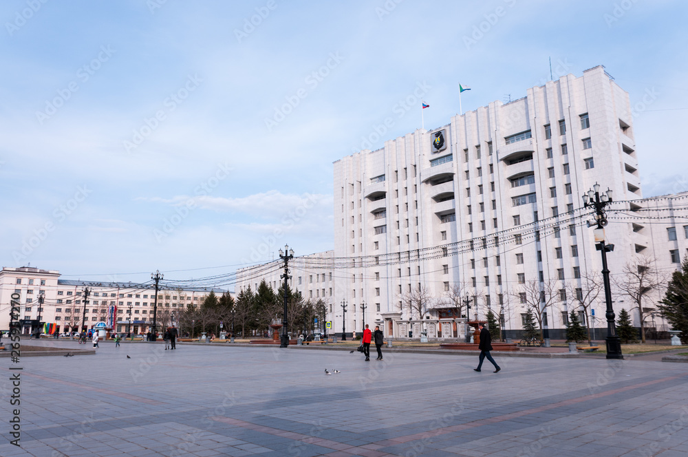 Russia, Khabarovsk, may 1, 2019: White administration building on Lenin square