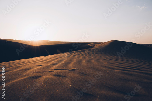 Beautiful sand dunes ripples in the desert  warm dry sand at sunset. Nature landscape. Huacachina desert  Ica Region  Peru. Toned image.