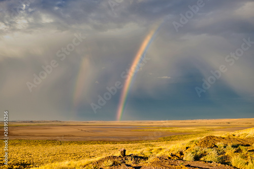 Spectacular landscape with a colorful rainbow in stormy sky, yellow dry grass and bright blue sky. Location on the border between Mongolia and China in the Gobi Desert. China nature landscape.