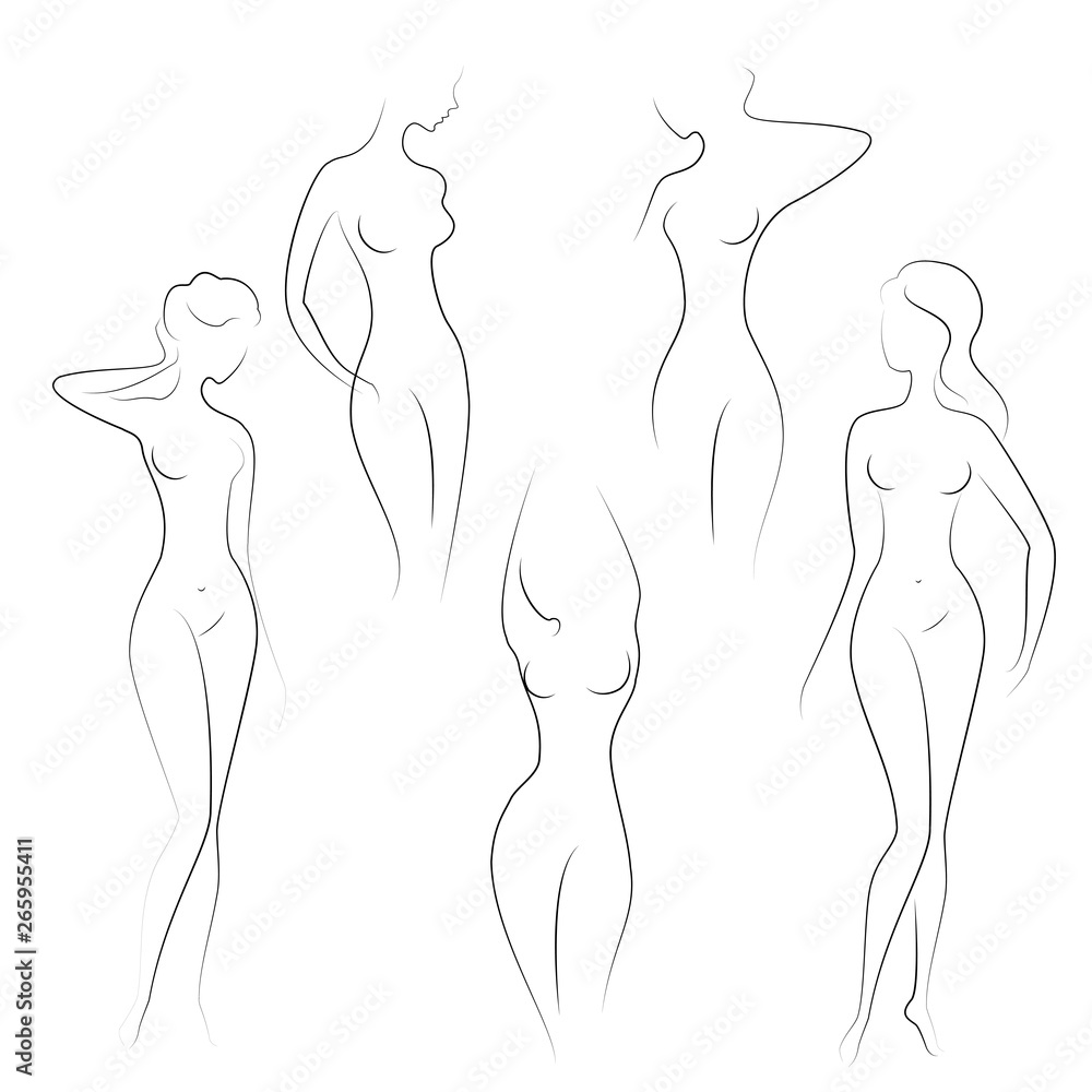 Silhouettes of lovely ladies. Beautiful girls stand in different poses. The figures of women are nude, feminine and slender. Vector illustration Silhouettes of lovely ladies. Beautiful girls stand in different poses. The figures of women are nude, feminine and slender. Vector illustration
