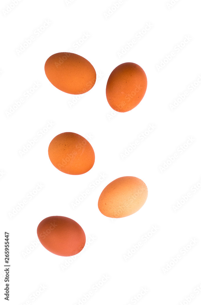 Five chicken eggs falling down isolated on white background Five chicken eggs falling down isolated on white background