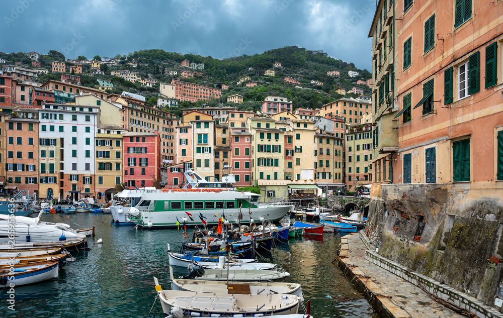 Panoramic view of Camogli town in Liguria, Italy.