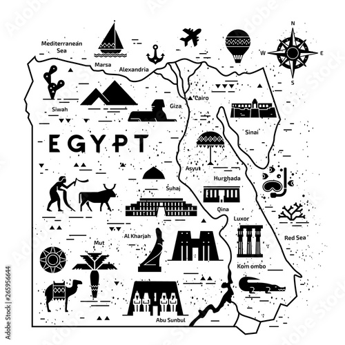 Outline and silhouette map of Egypt - vector illustration hand drawn with lines, isolated on background with icons symbols attractions of Egypt in white black colors.