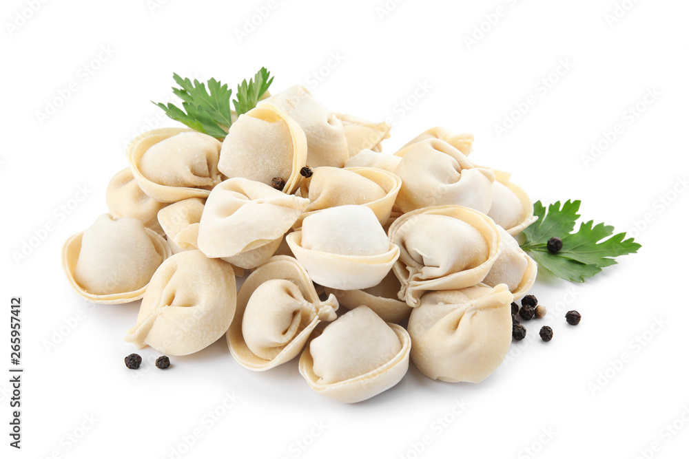 Raw dumplings on white background. Home cooking Raw dumplings on white background. Home cooking