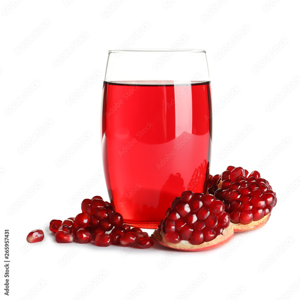 Glass of pomegranate juice and fresh fruits on white background Glass of pomegranate juice and fresh fruits on white background