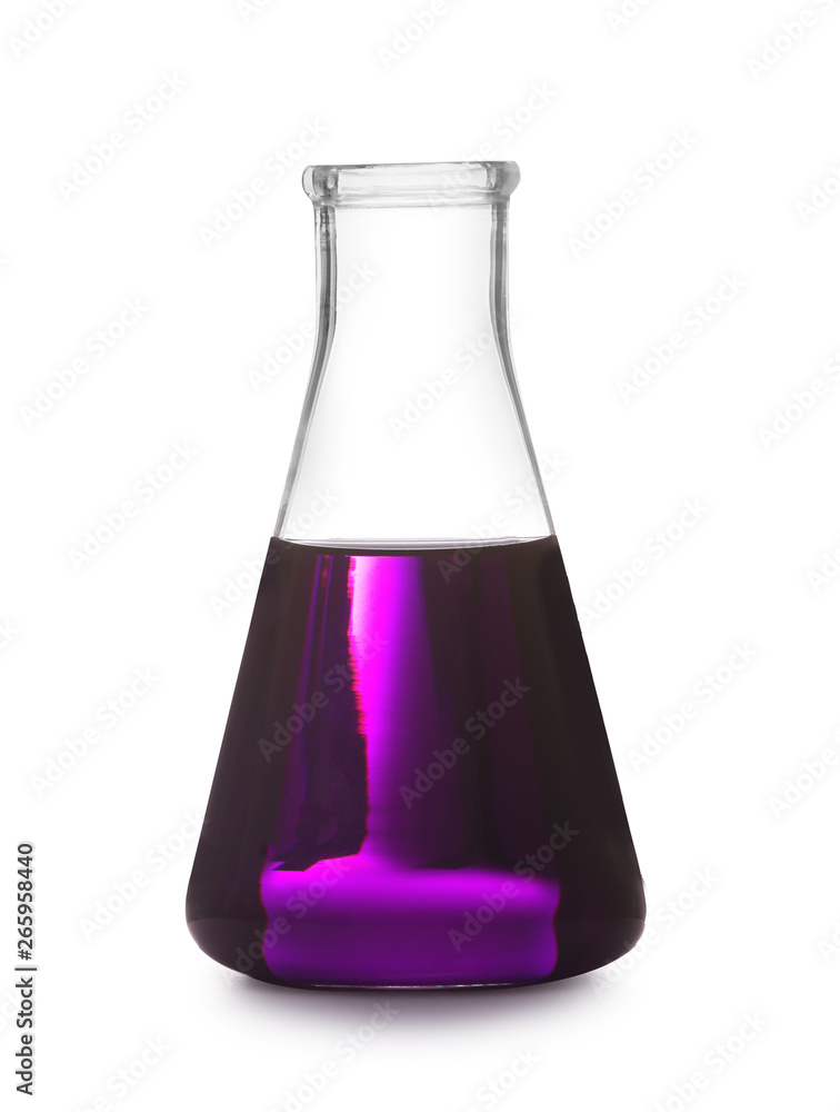 Glass flask with liquid on white background. Solution chemistry Glass flask with liquid on white background. Solution chemistry