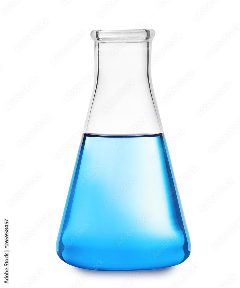 Glass flask with liquid on white background. Solution chemistry Glass flask with liquid on white background. Solution chemistry