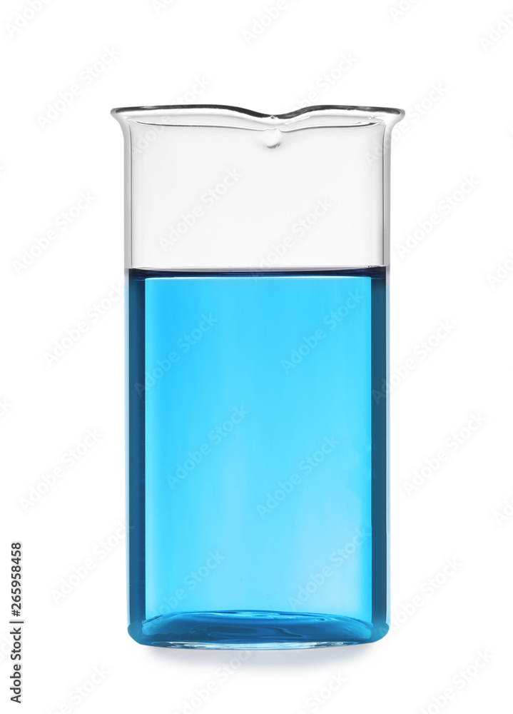 Glass beaker with liquid on white background. Solution chemistry Glass beaker with liquid on white background. Solution chemistry